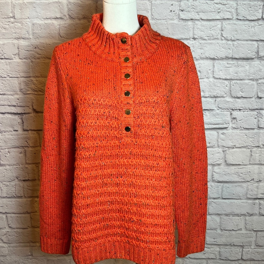 Talbots Women's Petite LP Orange Button Mock Neck Knit Sweater Chiccore Cozy